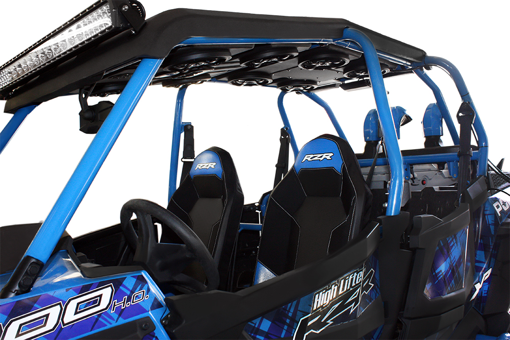 <p>Polaris RZR 1000-4 roof with eight 6.5" Bazooka speakers and light bar</p> - Taylor