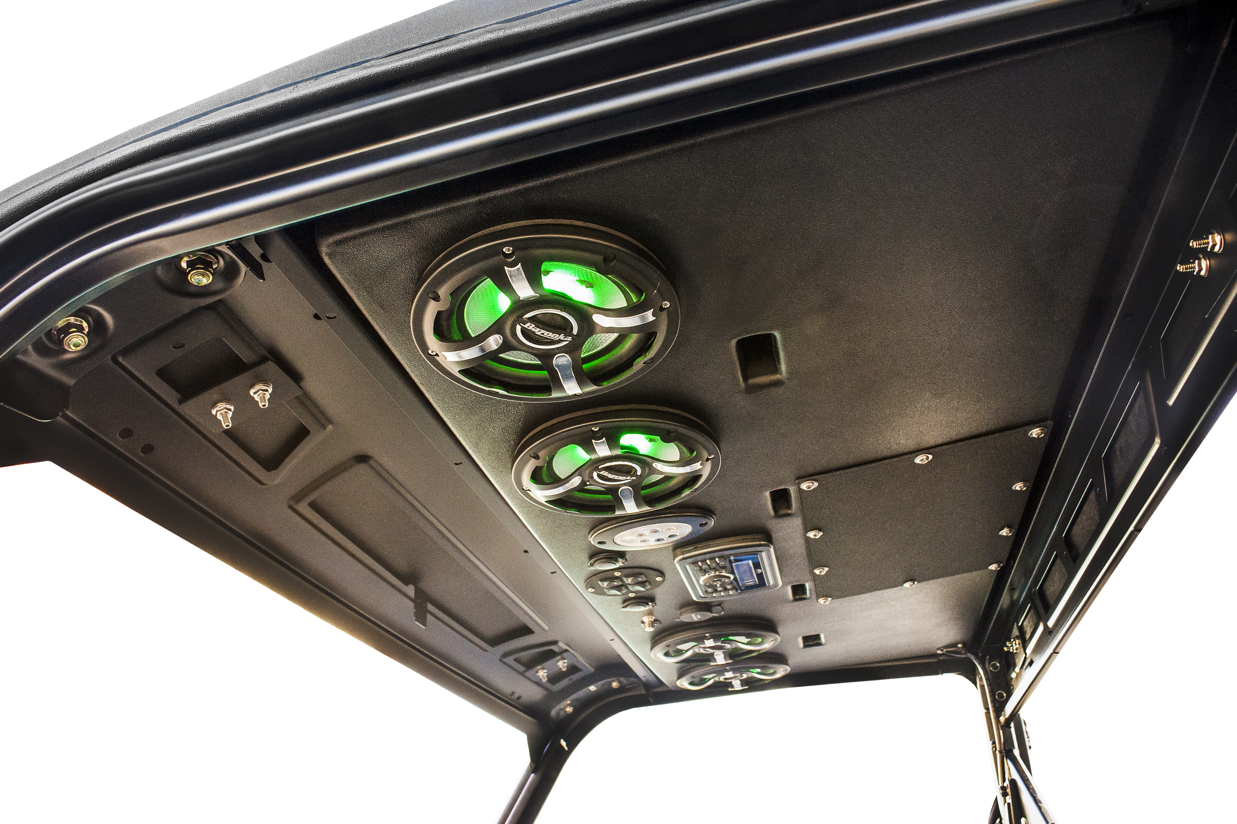 <p>Polaris Ranger 900 XP Roof with four 6.5" LED Bazooka speakers and the MA300 radio</p> - Taylor