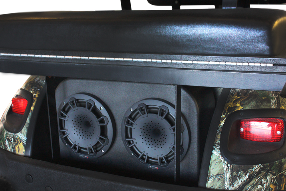 <p>8" MB Quart speakers in an under seat box on an EZGO golf cart</p> - Taylor